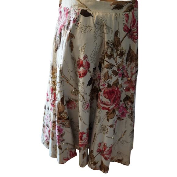 Floral Midi Skirt 100% Cotton Lined A-Line Elastic Waist Pink Brown White - Picture 5 of 7